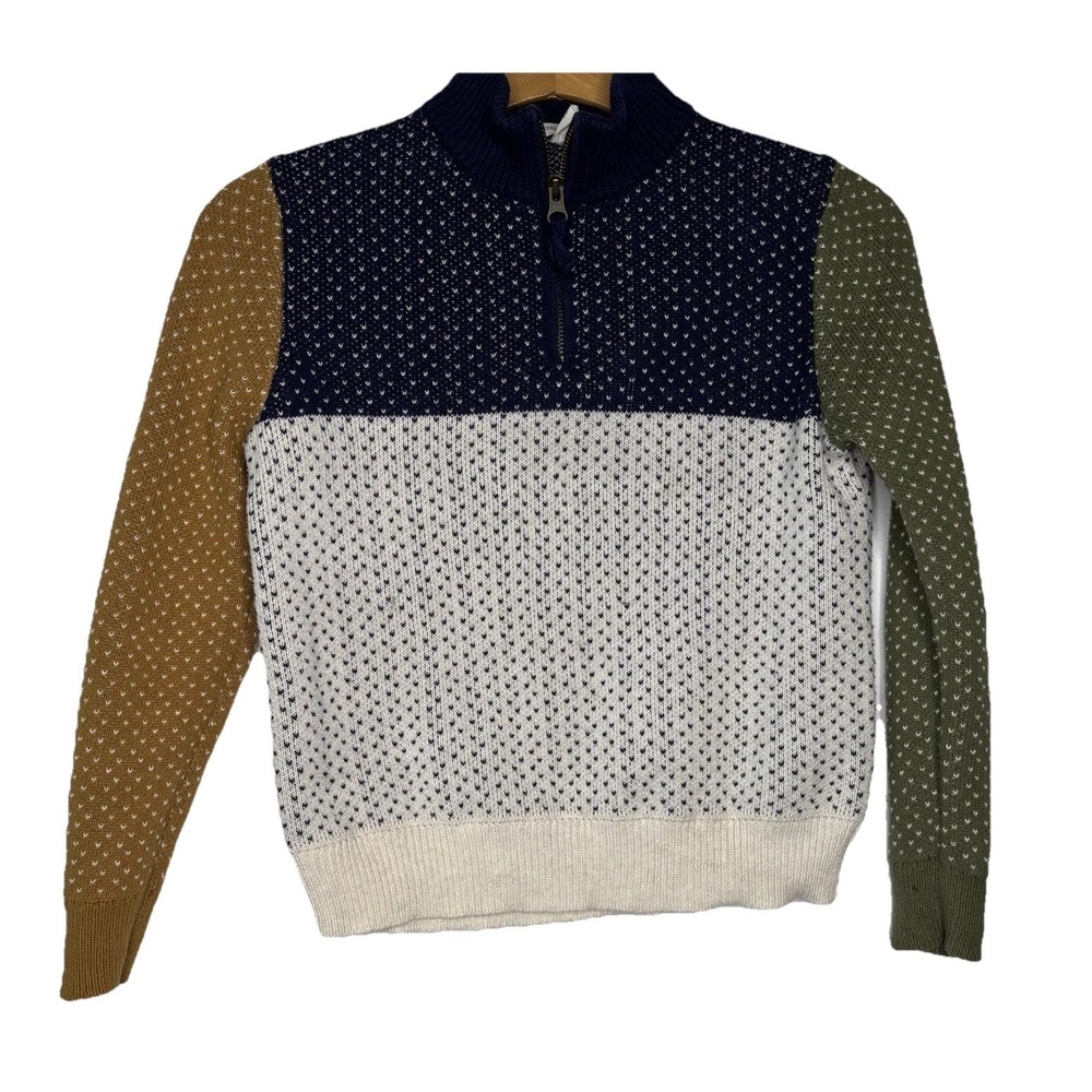 J Crew Crewcuts Cotton Sweater Kids M/10-12 Colorblock Birds Eye Stitch Half Zip